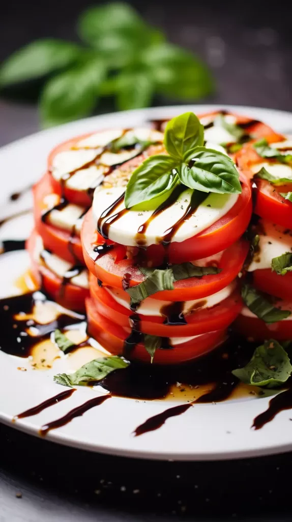Fresh Caprese Salad with mozzarella, tomatoes, and basil on a white plate