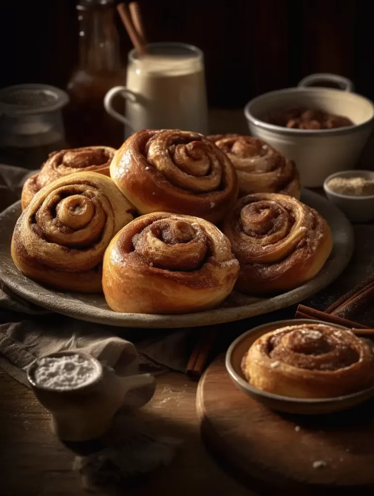 Freshly baked Low Calorie Cinnamon Rolls on a rustic table.