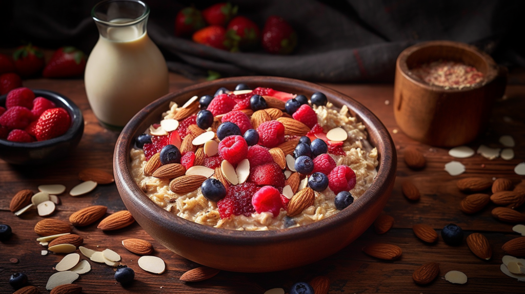 Delicious bowl of oatmeal with mixed berries and almonds