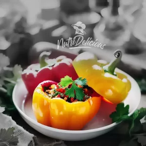 A plate of colorful, stuffed bell peppers, garnished with fresh cilantro leaves