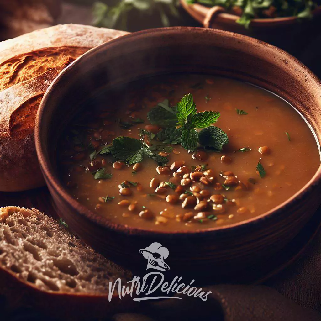 A heart-healthy bowl of savory lentil soup with whole grain bread