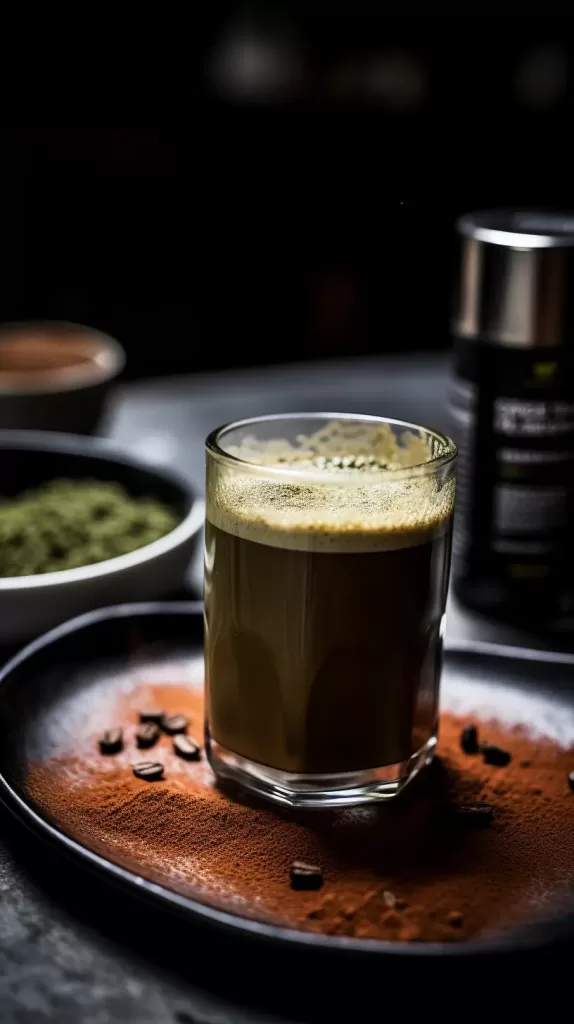 A vibrant espresso shot served in a small glass cup with a dusting of matcha powder on top, accompanied by a cinnamon stick and coffee beans.