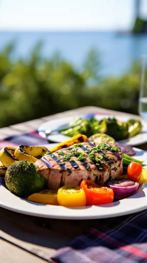 Grilled Tuna Steak with Salsa Verde on a plate with fresh herbs and vegetables