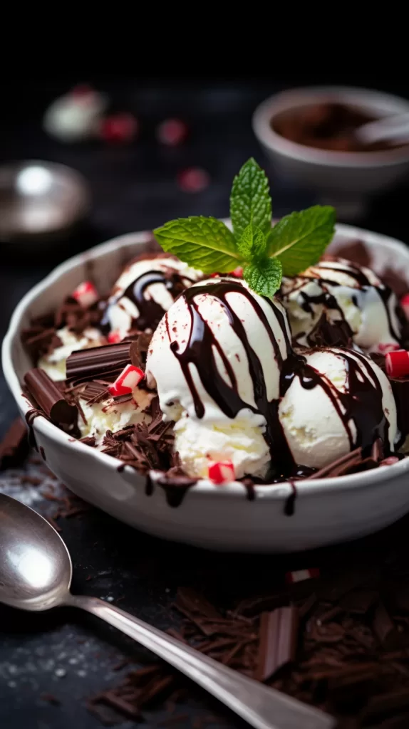 A scoop of refreshing peppermint ice cream with a hint of chocolate.