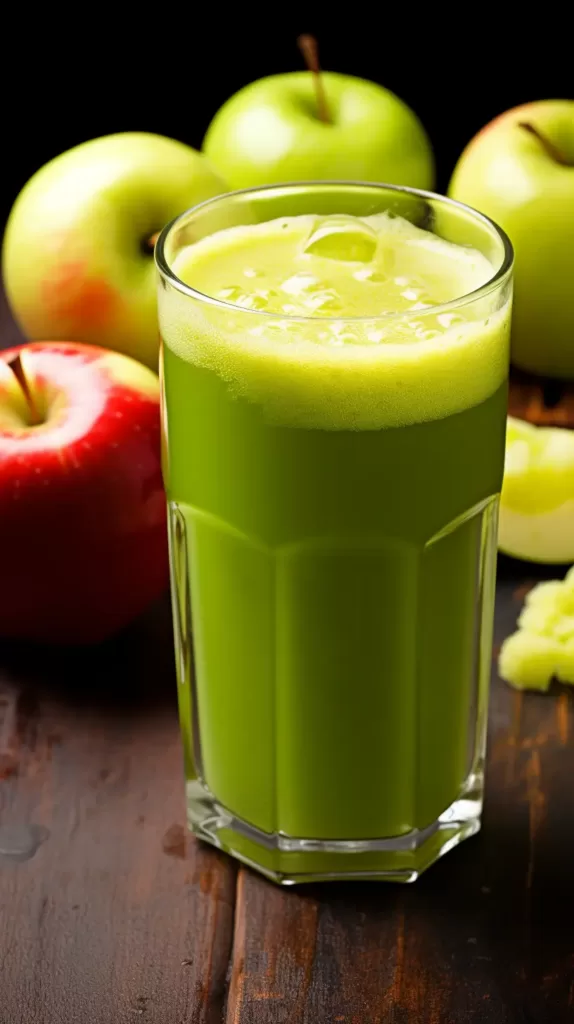 Refreshing Apple Celery Juice in a glass, surrounded by celery stalks and apples