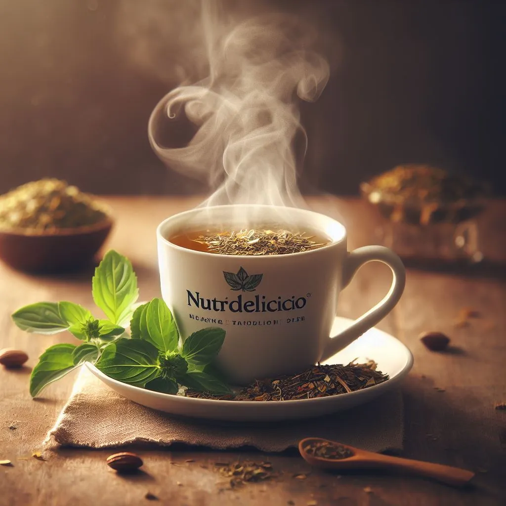 A steaming cup of NutriDelicio's Tulsi Tea, a herbal hug to unwind your day.