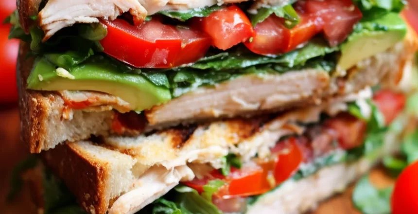 Grilled Chicken and Avocado Sandwich on a wooden plate with fresh greens and tomatoes.