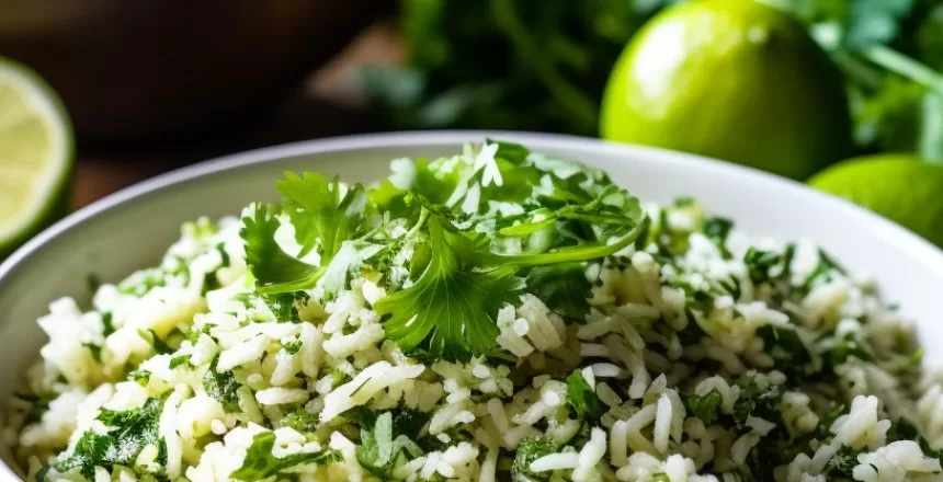 Cilantro Lime Rice served in a white bowl, garnished with fresh cilantro and lime.