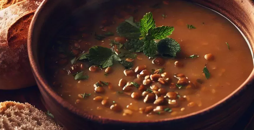 A heart-healthy bowl of savory lentil soup with whole grain bread